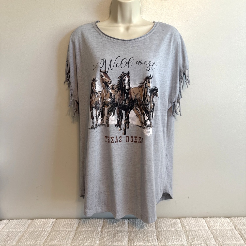 Womens Texas Rodeo Short Sleeve Fringe T-Shirt Size L Horses Western Country